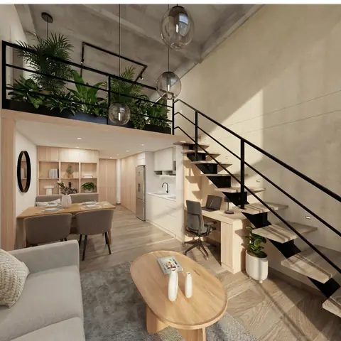 Interior de un apartaestudio de 134 LOFT con 4,10 m de altura libre y mueble en altura