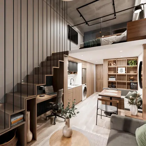 Render de un apartaestudio tipo de 5538 LOFT amoblado, con mueble liviano en altura, cocina integrada y zona de trabajo (sugerencia de acabados)